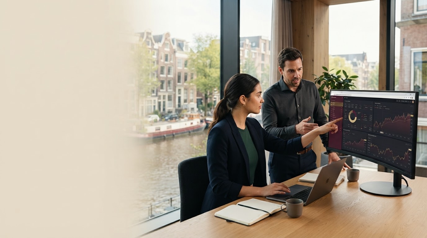 SmartCapitalAI dashboard op een laptop op een minimalistisch bureau